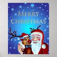 Watercolor Magical Santa Claus Smiling Rudolph Poster