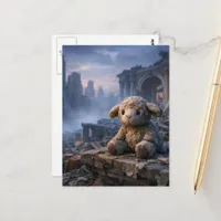 Lonely little stuffed sheep abandoned apocalyptic  postcard