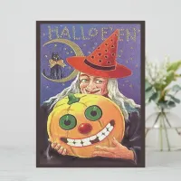 Vintage Halloween Witch, Cat, Pumpkin, LG Postcard