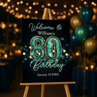 Glamorous Teal Gold Bokeh 80th Birthday Welcome Foam Board