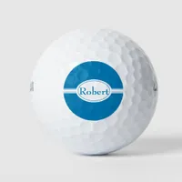 White band and oval blue name golf balls