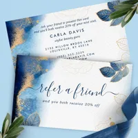 Blue Gold Watercolor Botanical Leaves Abstract Referral Card