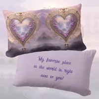 Victorian golden heart with lilac flowers, vintage lumbar pillow