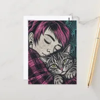 Beautiful Woman and Her Cat Woodblock Postcard