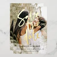 Luxe Handwritten Script Photo Save The Date   Foil Invitation