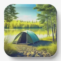 Tent in a Beautiful Forest by a Lake Paper Plates