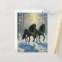 Gorgeous Black Horses Wreaths in Winter Woods Postcard