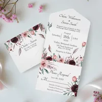 Wedding Blush Pink and Burgundy Floral Watercolor  All In One Invitation