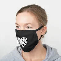 Black and White Filigree Heart Black Cotton Face Mask