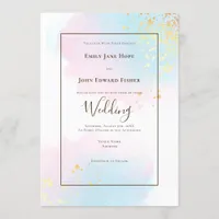 Pastel Pink Teal Watercolor Gold Splashes Wedding Invitation