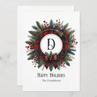 Vintage Christmas Rich Plaid Mongram Wreath Holiday Card