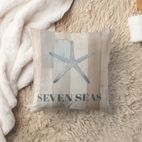 Blue starfish rustic beige driftwood text coastal throw pillow
