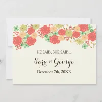 Coral He said, She said bridal shower game card