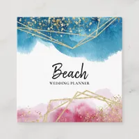 *~* Abstract Beach Blue Pink Gold Glitter Polygons Square Business Card