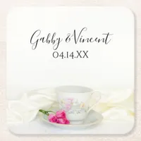 Floral Tea Cup and Pink Roses Wedding Square Paper Coaster