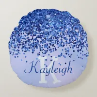 Simple Blue Brushed Metal and Glitter Monogram | Round Pillow