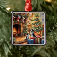 Festive decorated room, fireplace, dogs, vintage  metal ornament