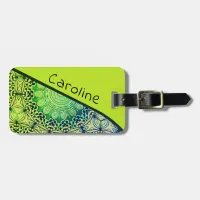 Lime Green and Blue Whimsical Boho Mandala Art Luggage Tag