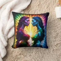 Colorful Twins Embracing Light at Night Throw Pillow