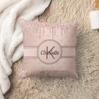 Rose gold blush glitter monogram name throw pillow