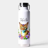 Petals and Purr Cute Cat and Pretty Flowers Water Bottle