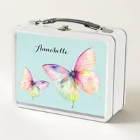 Delicate Pink Butterfly in Pastel Rainbow Colors Metal Lunch Box