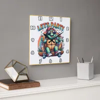 Cheerful turtle skateboarding at a vibrant party square wall clock