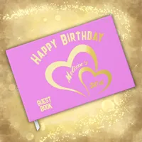 Modern Gold Foil Birthday on Pink Rect. Monogram | Foil Guest Book