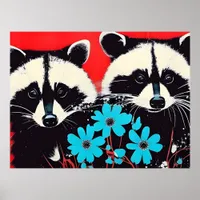 Adorable Raccoons With Blue Flowers Red Background Poster