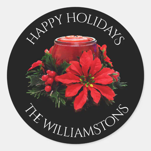 Festive Red Christmas Candle, Holly and Poinsettia Classic Round Sticker