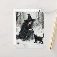 Beautiful Witch With Her Black Kitty Winter Postcard