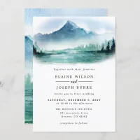 Rustic Watercolor Pine Mountains Lake Wedding Invitation