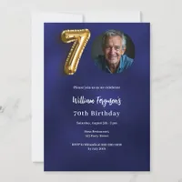 Navy blue gold photo 70th birthday invitation