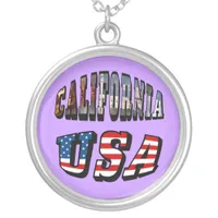 California Picture and USA Flag Text Round Silver Plated Necklace