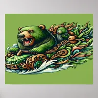 Animated Bears Riding a Green Car in a Vibra 16x20 Poster