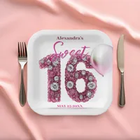Sparkling Glam Chic Pink & White Gemstone Sweet 16 Paper Plates