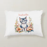 Personalized Gray Kitten in Pink Flowers Accent Pillow