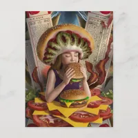 Weird Surreal Girl with a Cheeseburger Hat Bacon  Postcard