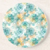 Teal and Yellow Flowers Alcohol Ink Illustration  Coaster