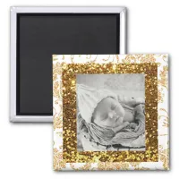 White and Gold Glittery Baby Photo Magnet