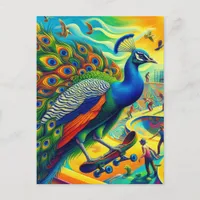 Funny Surreal Peacock Skateboarding Postcard