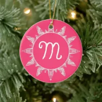 Pink White Monogram Snowflake Star Christmas Tree Ceramic Ornament