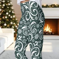 Dark Green and White Winter Swirl Christmas Leggings