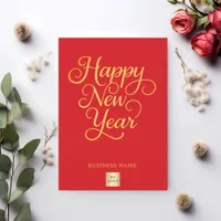 Happy New Year red gold script business logo Holiday Card