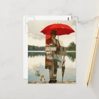 Man With Umbrellas Do Not Pet the Fish Surreal Postcard