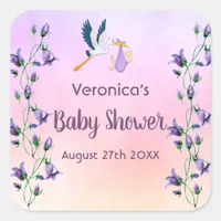 Violet floral garden theme baby shower with stork square sticker