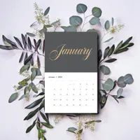 Elegant Gray Minimalist| Gold Script Letters Calendar