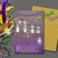 Whimsical Goose Family Mardi Gras Purple Yellow Invitation