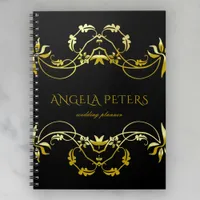 Elegant Golden Floral Filigree Ornaments on Black Notebook