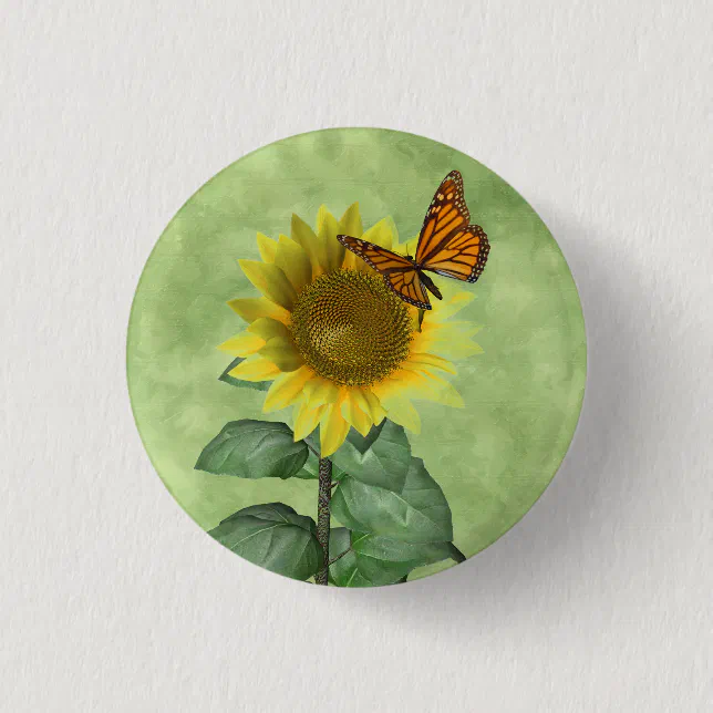 Pretty Yellow Sunflower and Orange Butterfly Pinback Button